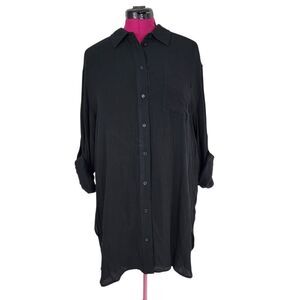 DKNY Beachwear Black Long Button Front Shirt Tunic Cover-up Size L NWOT